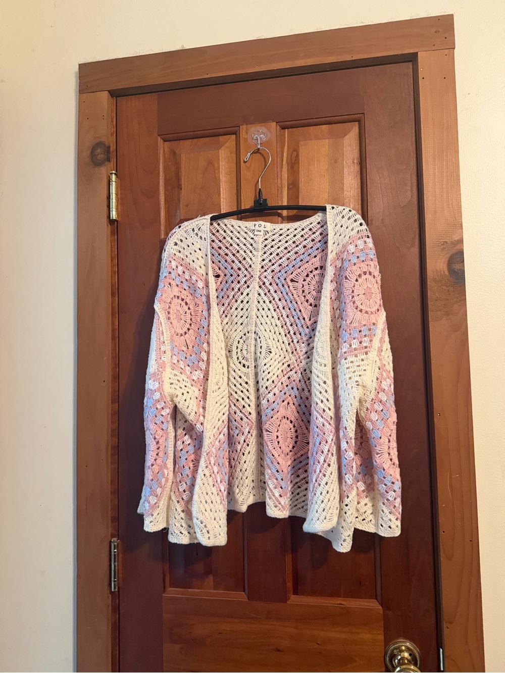 POL Crochet Open-Front Cardigan in Cream, Pink & Lilac
